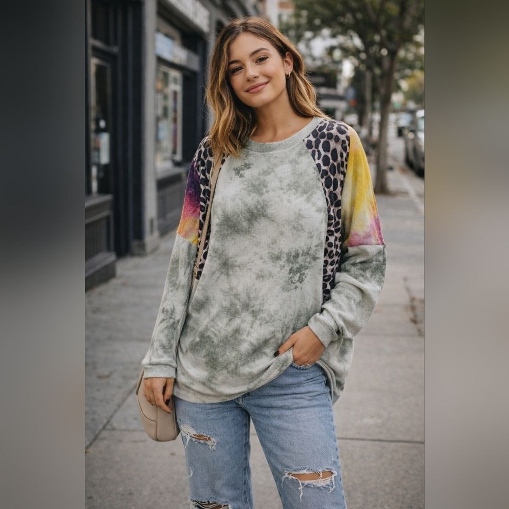 Haptics Long Sleeve Dolman Patchwork Sweatshirt Loose Fit Tie-dye Leopard Size S
